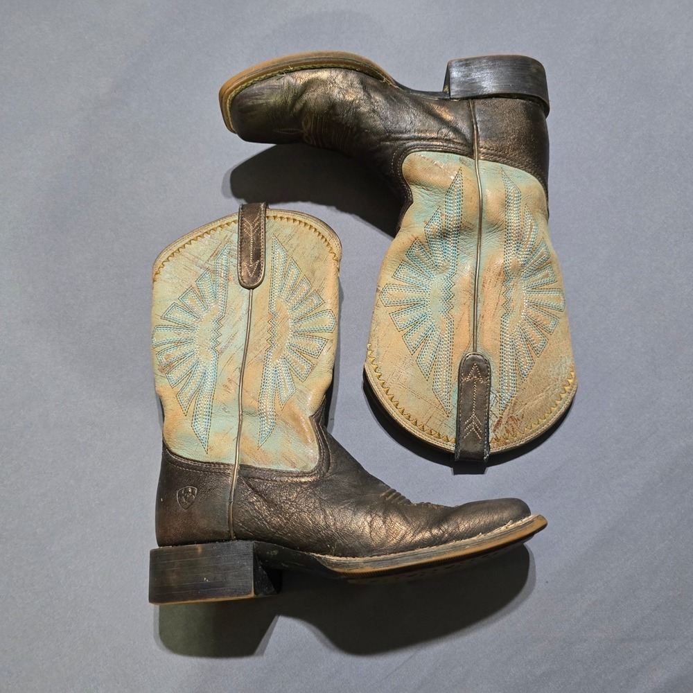 Ariat Western Boots Womens 6.5B Bronze Turquoise Metallic Square Round Up Rio